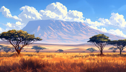 Obraz premium A breathtaking view of the African savanna with a mountain in a national wild park, perfect for travel and tourism promotions or wildlife exploration events.