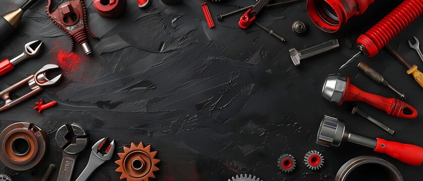 a dark, textured black background with a collection of red and silver mechanical tools and metal gears scattered across the surface.