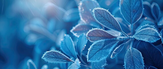 An exquisite macro photograph capturing the delicate frosty patterns on the leaves on a fresh cold morning. The natural beauty of winter nature.