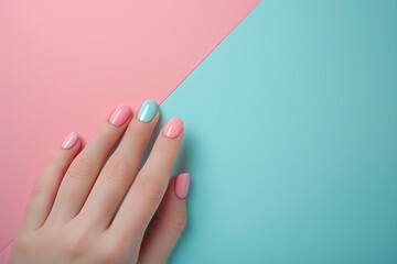 A bright hand with a red and blue manicure on a bright background.