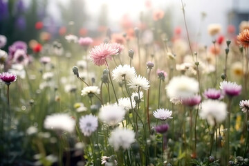 Fototapeta premium Beautiful colorful flowers in the morning of spring season with sun light. meadow field with blurry background.