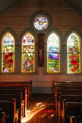 Obraz premium A quaint village chapel with charming stained glass windows depicting the seasons of the year, from blooming flowers in spring to snowy, Generative AI