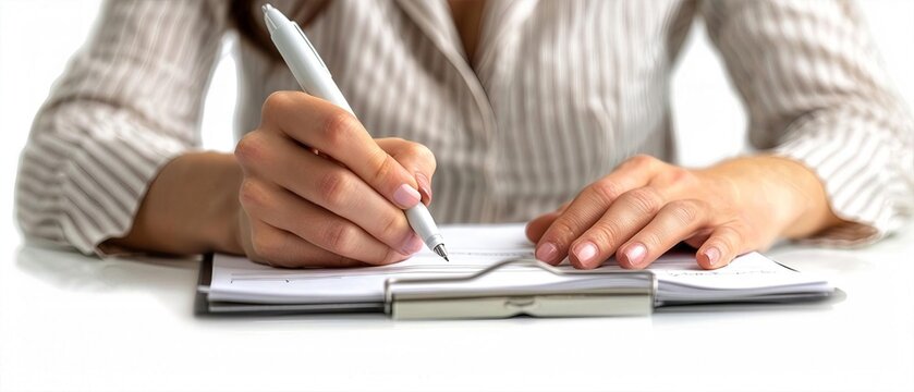 Closeup of hands writing in planner, emphasizing time management and executive function skills, isolated on white background with copy space
