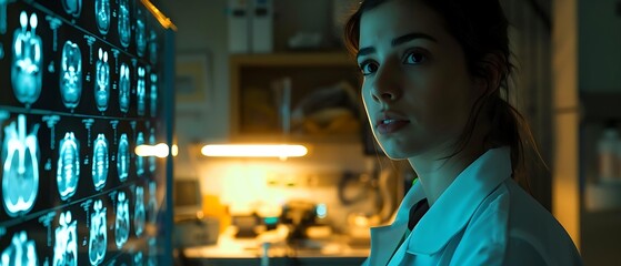 a female medical professional in a dimly lit room, analyzing X-ray images with a focused and concentrated expression.