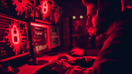 hacker is working on a computer in a dark room lit with red light cyber security concept