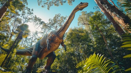 Brachiosaurus walking through vibrant forest on sunny day. Tall dinosaur surrounded by lush green leaves and bright sunlight. Serene and immersive prehistoric environment with clear blue sky.
