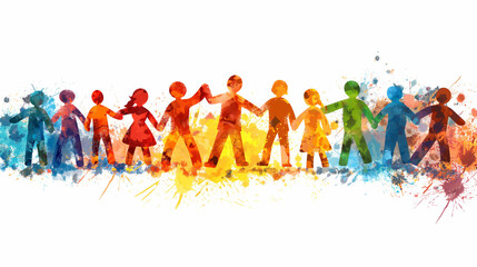 The image shows a group of diverse children holding hands in a colorful watercolor style.