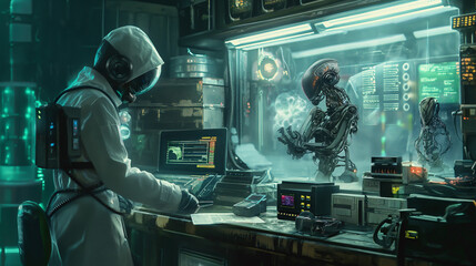 The image shows a person in a futuristic lab coat working on a robot.