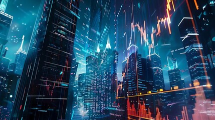 a neon-lit skyline with towering skyscrapers, overlaid with digital financial graphs