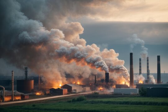 Black smoke from chimneys in factory industrial areas pollutes the environment