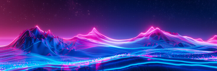 Surreal neon fantasy landscape and night sky. Abstract panoramic background. Rocky mountains and glowing neon lines in motion. Floating energy 3D effect concept