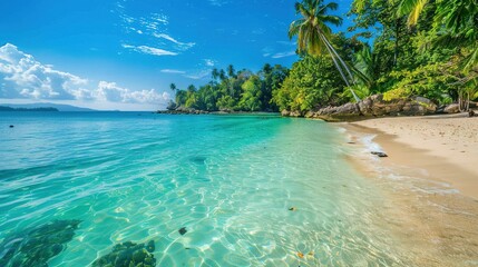Fototapeta premium Tropical Beach Paradise Featuring Clear Waters and Vibrant Scenery