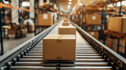 Cardboard boxes on conveyor belt in a large warehouse, logistics and delivery concept,