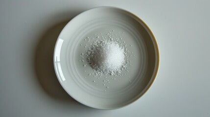 A plain white plate with a single grain of salt in the middle. - Powered by Adobe