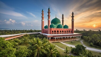 Obraz premium A magnificent mosque with a beautiful sky welcomes the holiday of sacrifice