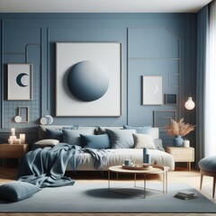 A blue and white living room with a template mockup poster empty white and art photo attractive has illustrative meaning.