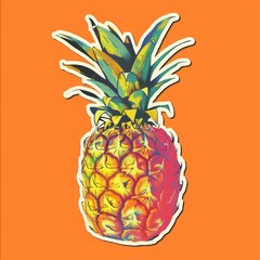 A pineapple illustration in a tropical art style with bright colors, sticker with white outline on an orange solid background, no shadows or gradients.