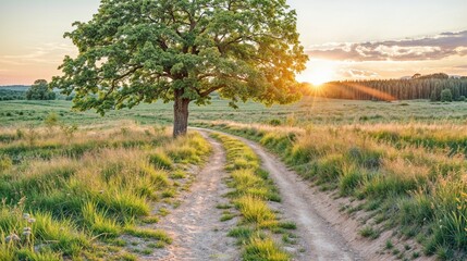 Idyllic Country Road at Sunset with Lush Green Tree and Scenic Countryside Landscape