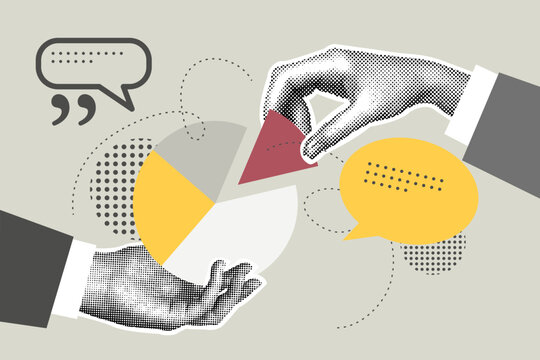 Trendy halftone business concept collage. Illustration of analytics, market research,business report, planning, .Vector illustration of web banner, social media banner. Vector illustration