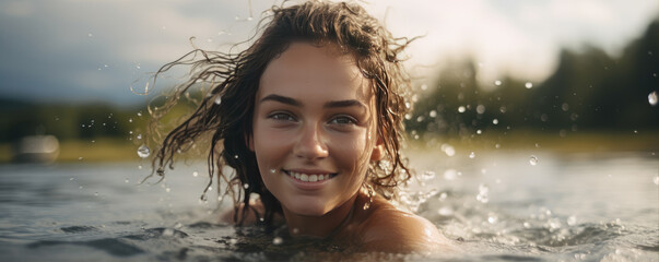 Obraz premium Woman with red hair smiles brightly, surrounded by golden lit flowers, enjoying nature