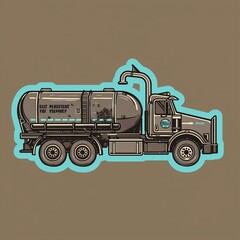 A septic tank truck illustration in sticker style with normal colors, framed by a cyan outline on a solid brown background.