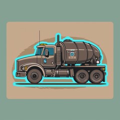 A septic tank truck illustration in sticker style with normal colors, framed by a cyan outline on a solid brown background.