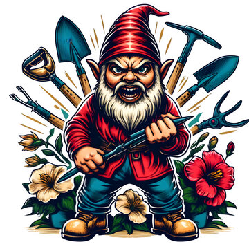 Bunter, grimmiger Gartenzwerg mit Blumen & Werkzeug
