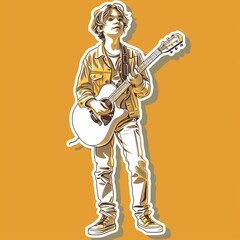 A teenage male musician illustration style sticker with white outline on a solid gold background without any shadow or gradient.