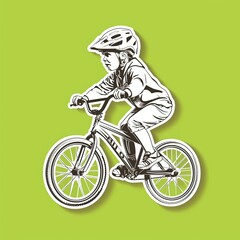 A teenager cyclist illustration style sticker with white outline on a solid lime background without any shadow or gradient.