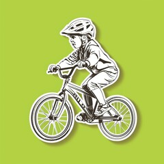 Naklejka premium A teenager cyclist illustration style sticker with white outline on a solid lime background without any shadow or gradient.