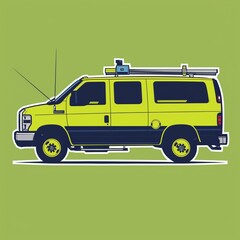 A utility repair truck illustration in sticker style with accurate colors, enclosed by a navy outline on a solid lime background.