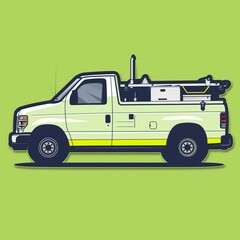 A utility repair truck illustration in sticker style with accurate colors, enclosed by a navy outline on a solid lime background.