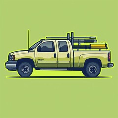 A utility repair truck illustration in sticker style with accurate colors, enclosed by a navy outline on a solid lime background.