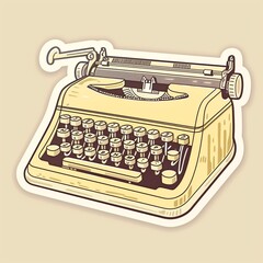 A writer's typewriter illustration style with normal colors sticker, white outline on a solid cream background, no shadow or gradient.