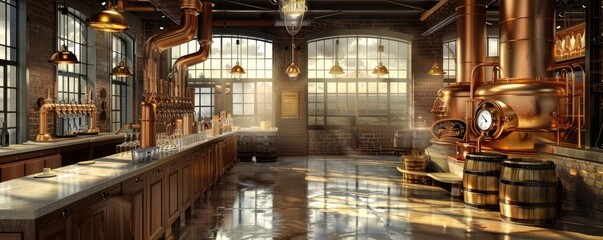 The interior of a modern craft distillery with shining copper stills, pipes, and distillation equipment reflecting sunlight.
