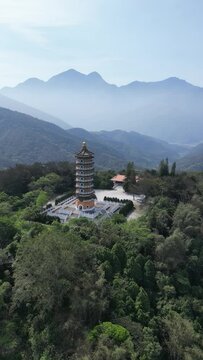 Aerial view of Pa Cien Pagoda with Ita thao pier background in Nantou