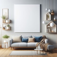 A living room with a template mockup poster empty white and with a couch and a picture frame image realistic lively.
