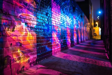 A vibrant street mural at night, showcasing neon lights casting dynamic shadows on the textured brick wall, adding depth and mystery