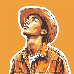 A young farmer illustration style sticker with white outline on a solid amber background without any shadow or gradient.