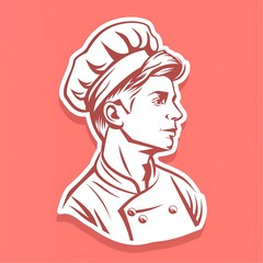 A young male chef illustration style sticker with white outline on a solid coral background without any shadow or gradient.