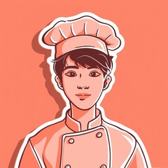 A young male chef illustration style sticker with white outline on a solid coral background without any shadow or gradient.