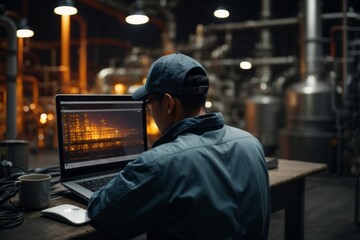 Obraz premium male oil refinery worker using laptop computer for maintenance and performance monitoring.
