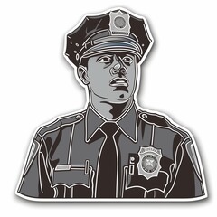 An adult police officer illustration style sticker with white outline on a solid silver background without any shadow or gradient.