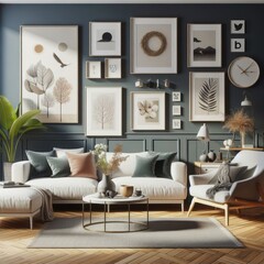 A living room with a template mockup poster empty white and with a couch and chairs image attractive has illustrative meaning card design.