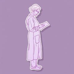 An elderly female writer illustration style sticker with white outline on a solid lavender background without any shadow or gradient.
