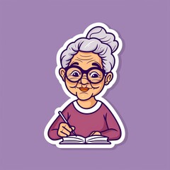 An elderly female writer illustration style sticker with white outline on a solid lavender background without any shadow or gradient.