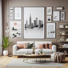 A living room with a template mockup poster empty white and with a couch and coffee table image art attractive card design.