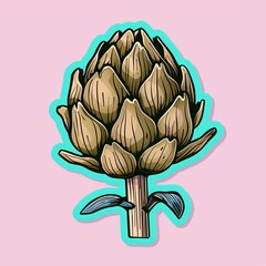an artichoke illustration style with normal colors sticker with teal outline on a solid light pink background without any shadow or gradient.