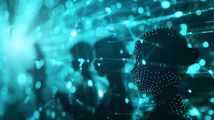 Abstract digital human silhouette with glowing connections, symbolizing the future of AI and artificial intelligence technology in virtual space background