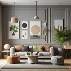 A living room with a template mockup poster empty white and with a couch and coffee table image art photo card design.